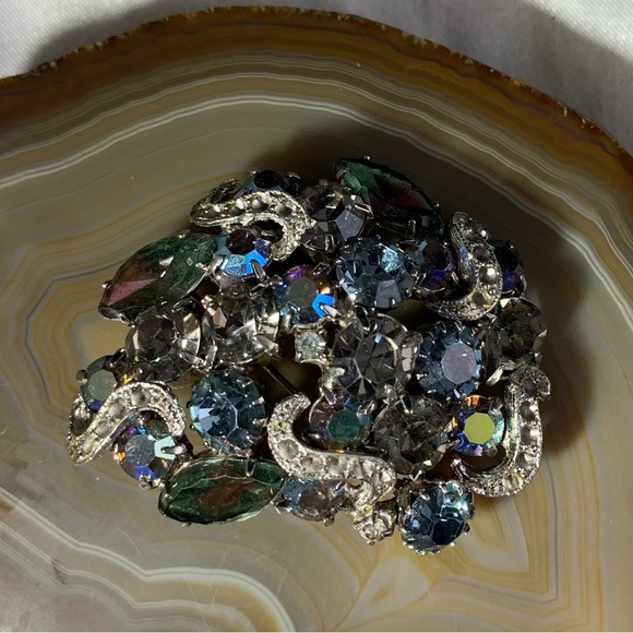 Vintage Silver Tone Blue Rhinestone Marquise and Round Cluster Brooch Call OUT - Picture 2 of 4